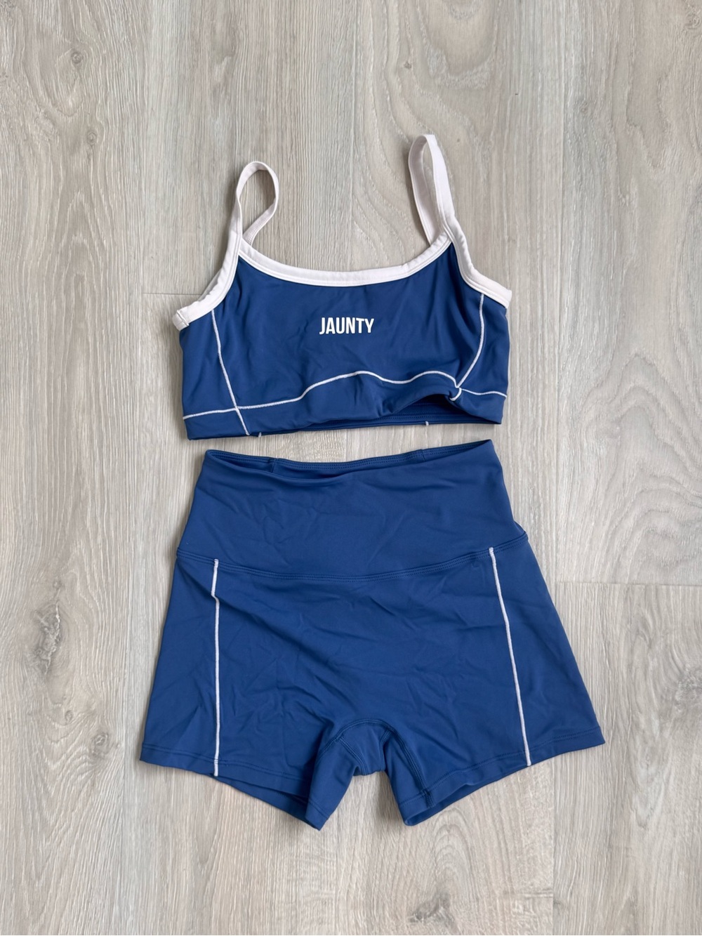Jaunty Blue & White Contrast Stitch Sports Bra + Shorts Set Small